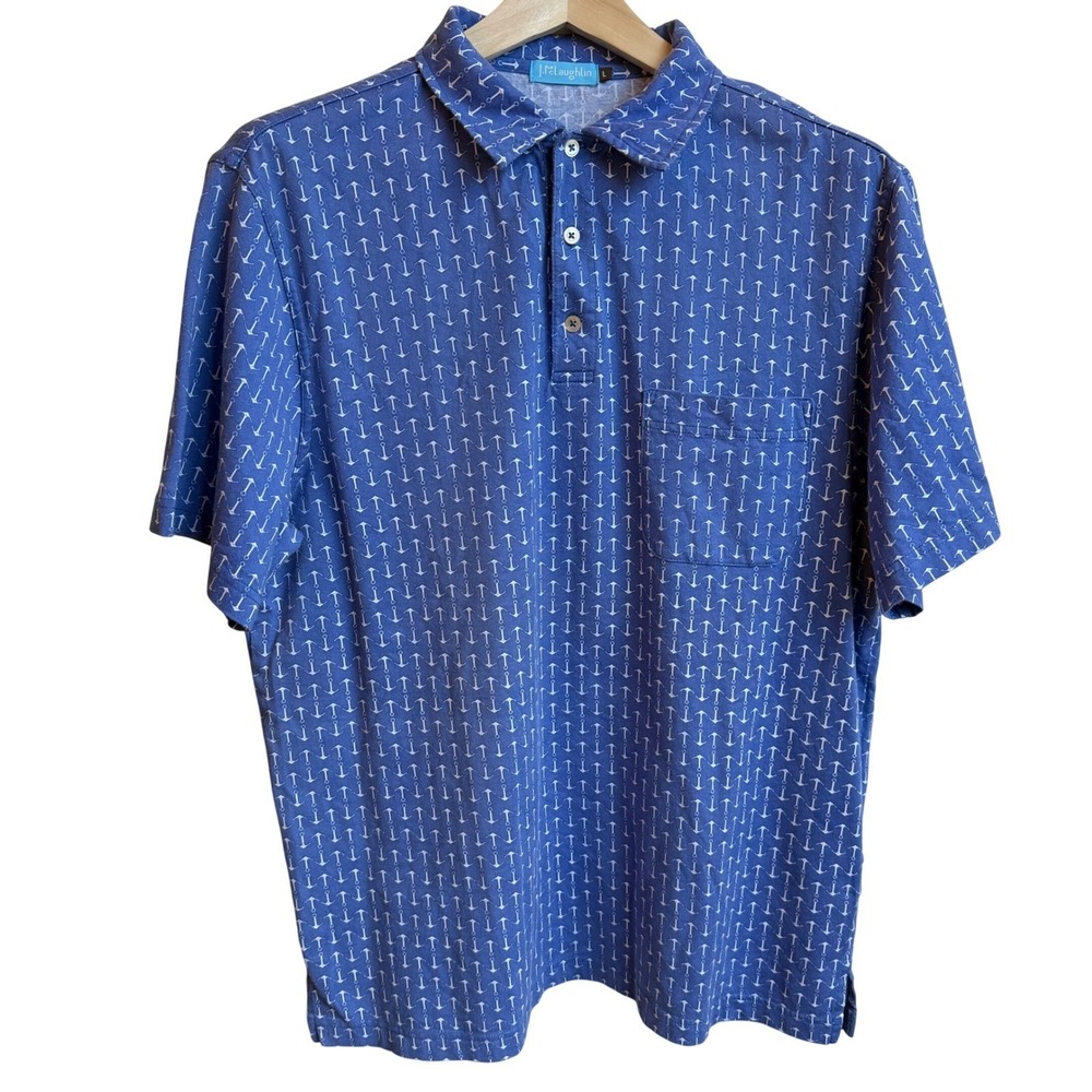 J.McLaughlin Polo Shirt Mens L Blue Anchor Print Supima Cotton Short Sleeve
